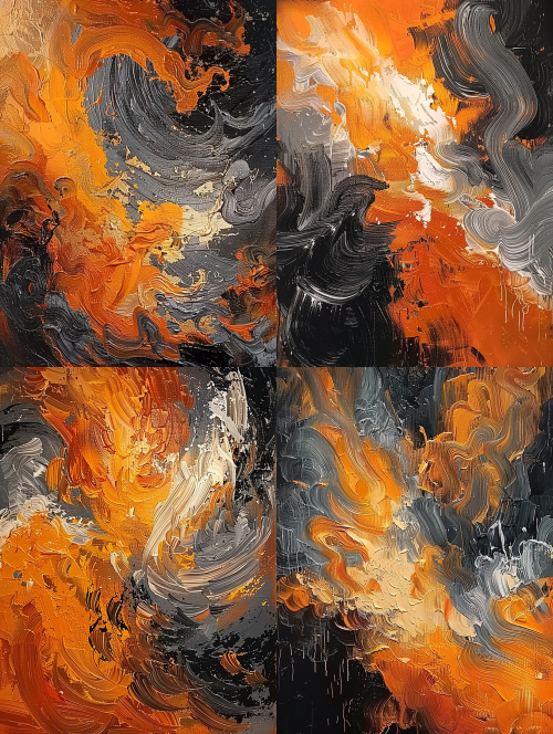 < https://oc.superx360.com/img/1784174714634.png > This handpainted artwork is an abstract piece created using a thick impasto oil painting technique, featuring dynamic and tension-filled brushstrokes that appear to swirl across the canvas, creating a lively atmosphere. The composition cleverly intertwines warm and cool colors: vibrant oranges, deep ochres, and bright yellows adorn the left and central areas, while the right and bottom sections are dominated by heavy clouds of gray, silver, and charcoal black, curling inward. The textured paint, rich and sculptural, glimmers under the light, giving the entire piece a three-dimensional, relief-like quality. Scattered across the darker regions are splashes of gold and orange, adding a wild and chaotic energy to the scene. --ar 3:4 --iw 2 < https://oc.superx360.com/img/1784174714634.png > This handpainted artwork is an abstract piece created using a thick impasto oil painting technique, featuring dynamic and tension-filled brushstrokes that appear to swirl across the canvas, creating a lively atmosphere. The composition cleverly intertwines warm and cool colors: vibrant oranges, deep ochres, and bright yellows adorn the left and central areas, while the right and bottom sections are dominated by heavy clouds of gray, silver, and charcoal black, curling inward. The textured paint, rich and sculptural, glimmers under the light, giving the entire piece a three-dimensional, relief-like quality. Scattered across the darker regions are splashes of gold and orange, adding a wild and chaotic energy to the scene. --ar 3:4 --iw 2