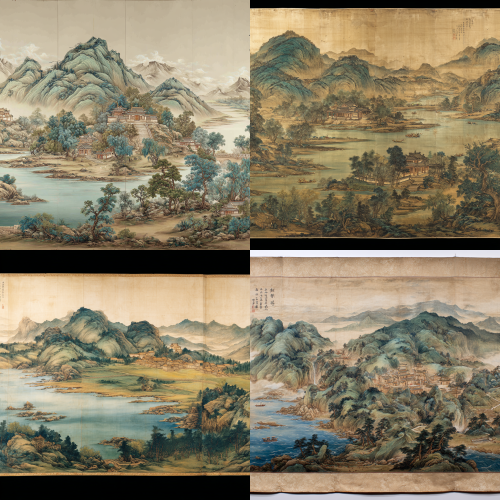 A panoramic view of the entire painting, featuring rolling mountains and water in light blue and green colors. The background is a beige color with white outlines. In the style of Chinese landscape painting, there's an ancient village at the foot of the mountain range on the bottom right side. There are trees scattered throughout the scene. On the top left, there's another mountain range.