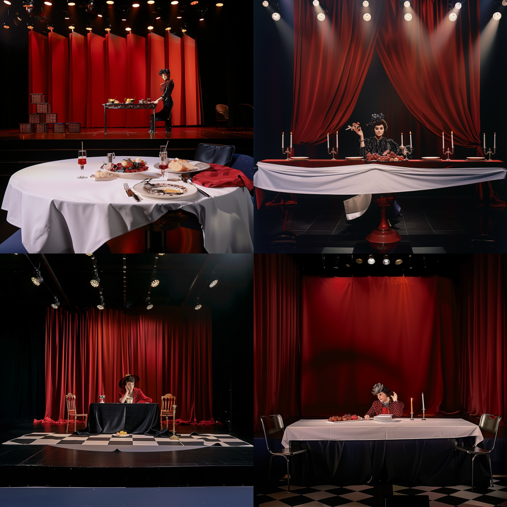 A European modern theater stage with a black background and a red screen hanging. In the middle of the stage is a long white horizontal table covered with a white tablecloth. There are some exquisite silver utensils and candlesticks on the table. There is no one in the entire scene. This is an empty stage design < https://oc.superx.chat/img/1774356834670.jpeg >  --v 6