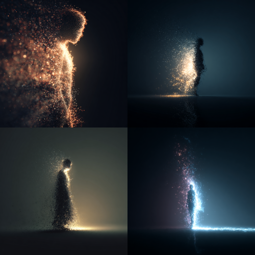 abstract transformation scene,a human silhouette dissolving into particles,particles turning into glowing light,reforming into a new figure,dark to light gradient,soft glow, emotional, minimal,theme of death and rebirth, poetic, cinematic