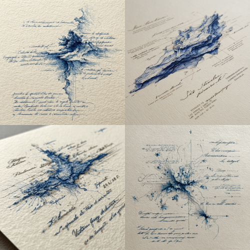 sophisticated meteorite illustration, exquisite blue ink pen on softly textured off-white parchment, intricate dimension marking lines, graceful handwritten French annotations in flowing script, gentle loose hatching shading, minimalist raw sketch aesthetic, serene muted neutral backdrop, polished minimalist concept draft  --ar 1:1    --style raw    --s 200