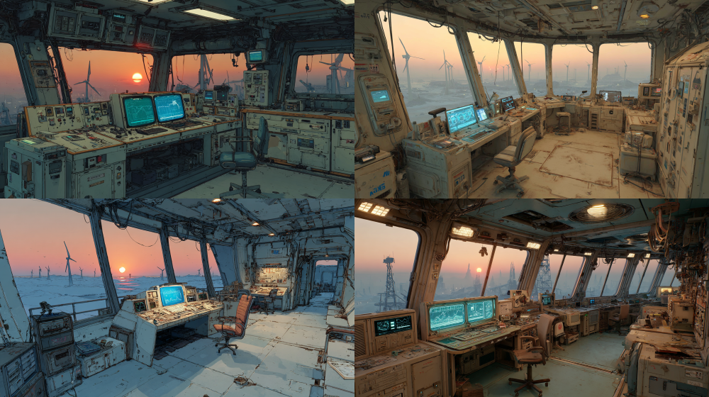 interior of a control room overlooking an alien desert, Moebius style, cinematic wide shot 16:9, warm gray dusk lighting, massive windows framing silhouettes of dormant wind turbines against a blue dwarf star sunset, a central control console with spectral analysis screen showing a faint anomalous pulse, dim blue screen glow, ivory white equipment casings, worn industrial furniture, geometric brutalist architecture, melancholic atmosphere, volumetric sunset light streaming through windows, long shadows, sci-fi concept art, Cyberpunk 2077 lighting style, Detroit Become Human interior design, no human figures, ultra detailed, architectural photography  --ar 16:9  --style raw  --stylize 250