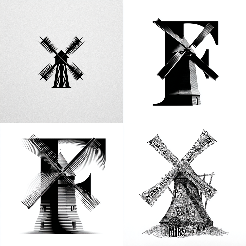 Using an English letter, create a windmill style with simple lines, black letters on a white background, and a white background 4FLOGO,