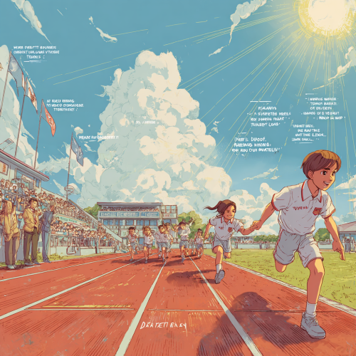 Create an image depicting a vibrant university standard athletics track scene, featuring a vivid red rubber track. In the distance, a group of teachers and students are applauding and waving small flags, under a clear blue sky adorned with fluffy white clouds. The warm sunlight streams in from the upper left corner, creating a bright and inviting atmosphere. Central to the composition, positioned slightly to the right, is a student clad in a pristine white sports uniform emblazoned with the school emblem, representing the "Deliverer." This student is gracefully extending a luminous relay baton toward another student, known as the "Receiver." The baton, resembling a semi-transparent crystal, showcases a clearly defined character for "Integrity" within, radiating a soft, golden glow. The Receiver leans forward slightly, extending their right hand with a determined smile, ready to grasp the baton. Surrounding them, several other student athletes are visible on the track, each holding distinct relay batons inscribed with words like "Sincerity," "Trust," "Righteousness," and "Purity," each in motion or preparing to pass their batons. Though these batons lack the brilliance of the "Integrity" baton, they emit a gentle glow, creating a harmonious connection. Detail elements include crisp white lane markings on the track, while the background features a banner reading "Pure Breeze Nourishes the School · Integrity Cultivates Talent," aligning with the theme of the poster. In the distance, a small sapling thrives on the sunlit grass, symbolizing the foundation and future of integrity culture. All students exhibit expressions of positivity, focus, and vitality, devoid of any negative or ironic elements. Color and lighting: Dominant hues include red (track), green (grass), white (sports uniforms), and gold (baton's glow). The sunlight casts from a 45-degree angle, highlighting the outlines of the figures with a subtle glow, while the baton’s light reflects warm tones on their faces. Overall style: A semi-realistic illustration with a hint of youthful anime aesthetics, the scene is transparent, bright, and uplifting. Composition: Utilizing a wide-angle perspective from a low angle, emphasizing the baton’s radiance and the dynamic moment of exchange. The focus is centered on the hands and relay baton, while the background is slightly blurred yet clearly reveals the banner and bleachers. --ar 1:1 --v 7 --stylize 100