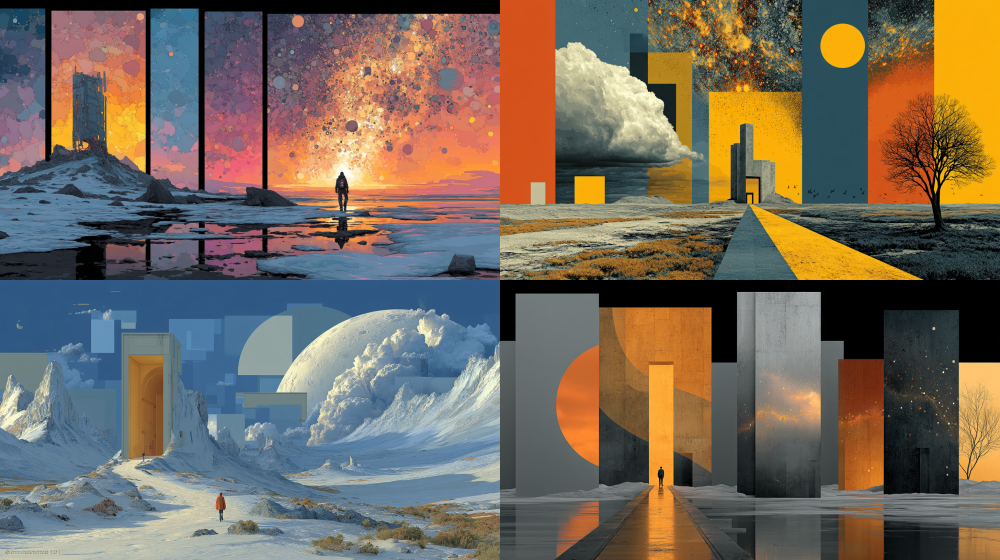 3D digital ink masterpiece in vertical composition, the scene is divided by abstract geometric frames and color blocks. On the left, an epic sci-fi structure reminiscent of a movie still stands at the center of a frozen planet, creating visual diagonal balance. The upper right corner depicts a path of energy extending from countless particles. Blending Zen-inspired research with traditional landscape painting techniques, it unites figurative and abstract elements. Future technology merges with modern decorative art, while expressionism intertwines with digital artistry. Gradient hues, dark abstract color blocks, lines, and geometric structures are artfully arranged against a negative space background. This meticulously curated artistic display evokes a gallery atmosphere. Oil-paint texture intertwines with 3D digital rendering, featuring localized highlights and stark chiaroscuro to emphasize the foreground. Cool and warm tones collide in low saturation, while overhead lighting creates high detail with ultra-sharp focus. 8K resolution delivers photo-realistic quality in a surrealist style --q 5 --v 7.0 --s 750 --style raw --ar 16:9