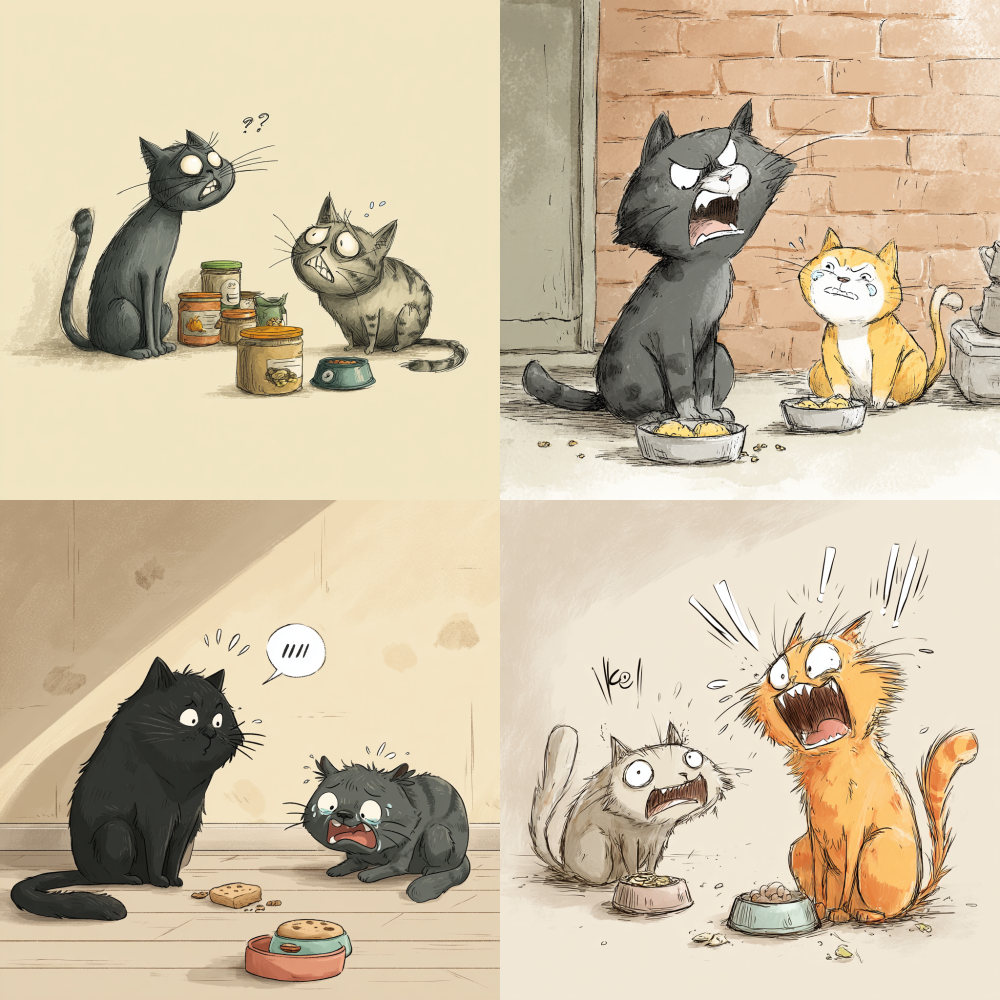 A cat is stealing food from another cat, and the stolen cat is crying