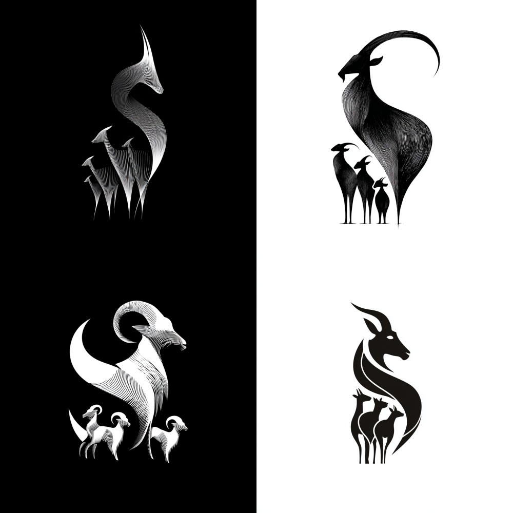 Abstract logo art, a stylized capital letter S is twisted and shaped to resemble a single large goat horn. Next to it, three small goat silhouettes are vertically aligned. Monochrome, artistic, flowing lines. Symbolic and sophisticated. --style raw --ar 1:1