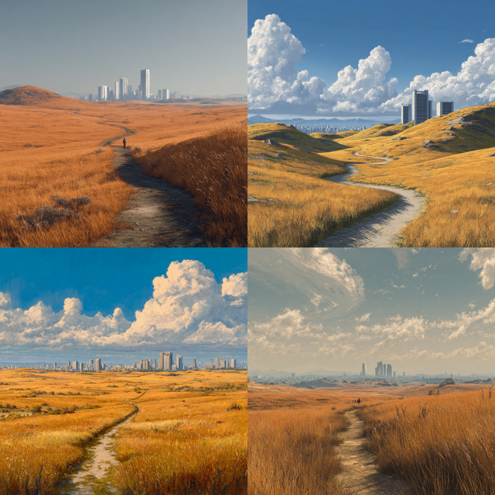The prospect is a golden grassland with a winding path leading to high-rise buildings in the distance, and even further away is the city    