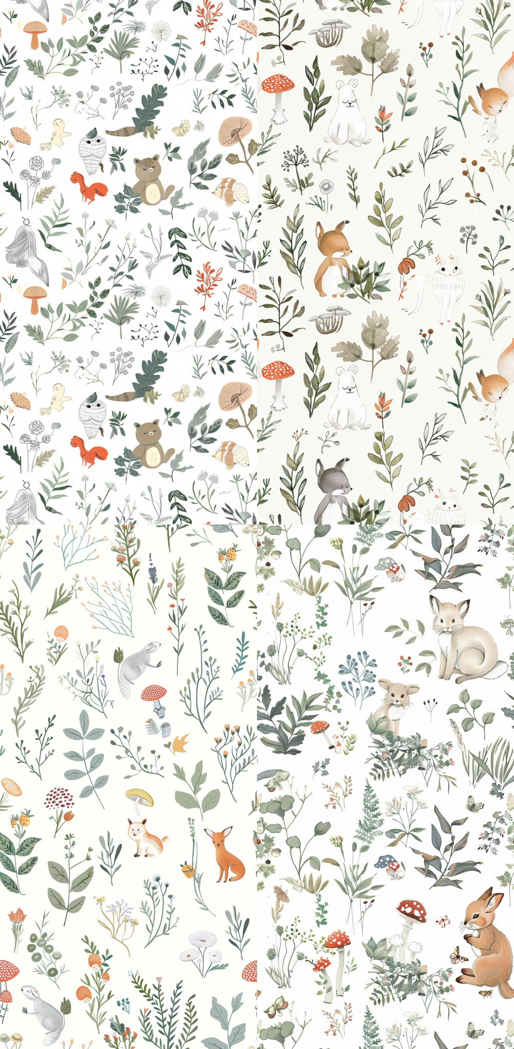 < https://oc.superx.chat/img/1760517698920.png >  a seamless pattern with whimsical forest animals, illustrated in soft pastel tones and delicate line work. the design incorporates light gray and green, using clean lines to depict the playful scene of woodland creatures amidst plants and mushrooms on a white background.  --ar 63:128  --tile --v 6