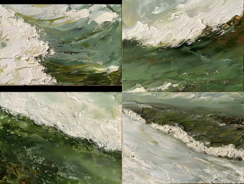 < https://oc.superx360.com/img/1786688821021.png > Handmade Olive Green White Wave Abstract plaster Heavy Impasto Wabi Sabi Japandi style seascape painting，Thick Texture burshstroke.   --ar 4:3   --iw 2  --v 6