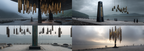 A colossal riverside wind chime landmark on the Yangtze River, blending ancient Chu-Han cultural symbolism with contemporary monumental public art. The central pillar is inspired by the Sword of Goujian, rising vertically like a sacred bronze totem, sharp, elegant, and powerful, with dark bronze material, aged patina, and delicate gilded decorations. Hanging from the structure are massive wind chime elements derived from the forms, components, and rhythmic arrangement of Marquis Yi of Zeng’s Bianzhong bells, transformed into suspended bronze chimes with gilded edges, engraved patterns, ancient ritual motifs, and rich metallic resonance. The overall composition reflects the solemnity of Chu ritual music, the grandeur of Han cultural spirit, and the mystique of ancient Chinese bronze civilization. Set along the Yangtze waterfront, surrounded by dramatic river landscape, mist, wind, stone plaza, and monumental urban public space. A fusion of archaeology, ritual aesthetics, musical symbolism, and futuristic cultural landmark design. Epic, majestic, elegant, symbolic, realistic bronze material, gilded metal highlights, highly detailed, cinematic atmosphere, architectural concept rendering, world-class cultural installation. --ar 84:30  --style raw