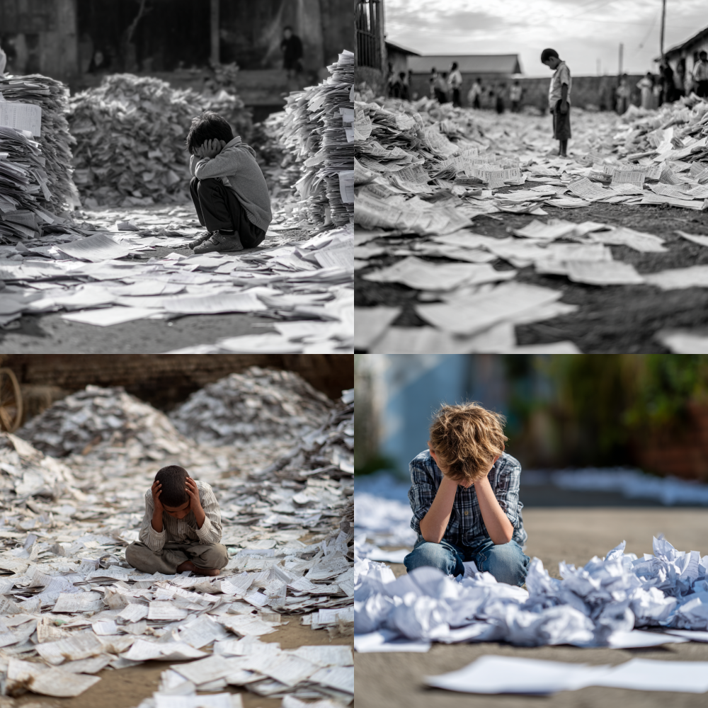 Piles of test papers scattered on the ground, with a child holding their head in the distance