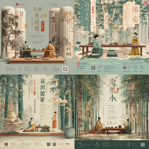 新国风插画海报，商场中庭场景，中央为大型背景桁架，桁架画面以竹林、翻开的书卷、盛夏流云为视觉元素，左侧书写“桃李满天下，非遗消盛夏”书法字体文案，右侧展示四大非遗手作沙龙预告与时间节点并附带预约二维码图标。桁架前浅色木纹地台上摆放中式矮几、两个蒲团、一套茶具、一个投壶。两位古风人物——一位身穿儒雅长袍手持折扇的严师端坐于矮几后，一位身穿活泼汉服书院制服的学妹站立一旁手持古风《非遗护照》——与前方作揖行礼的亲子顾客互动。整体色调为竹绿、米白、墨色为主，辅以暖金点缀，光影柔和，工笔画质感与扁平插画融合，氛围典雅温馨，构图饱满，细节精致。反向提示词（建议一并填入）：模糊，低清，畸形，扭曲，水印，logo，杂乱背景，过曝，多余肢体，五官变形，手部畸形