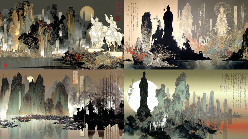 3D digital ink wash masterpiece, vertical composition, divided by abstract geometric frameworks and color blocks, on the left side mountains of stark, chiseled rock formations, two weathered stone equestrian statues below the center, creating a visual diagonal balance, in the upper right corner is a field of silent ruins and broken, faded banners, Zen studies, landscape painting, figurative and abstract combined, traditional and modern art mixed, expressionism and digital art merging, gradient colors, various dark abstract color blocks, lines and geometric structure in negative space background, oil painting texture, 3D digital rendering, partial highlights, strong light and shadow contrast, emphasis on the foreground, contrast of cool and warm tones, low saturation, top light source, high detail, ultra-clear focus, 8K, photo quality, surrealism. --c 10 --sref 168844895 --p ypac8t3 --ar 16:9