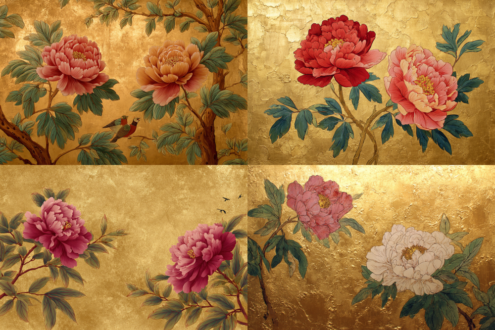 A luxurious golden backdrop embellished with two stunning Chinese peonies, elegantly reaching towards the center, —ar 3:2