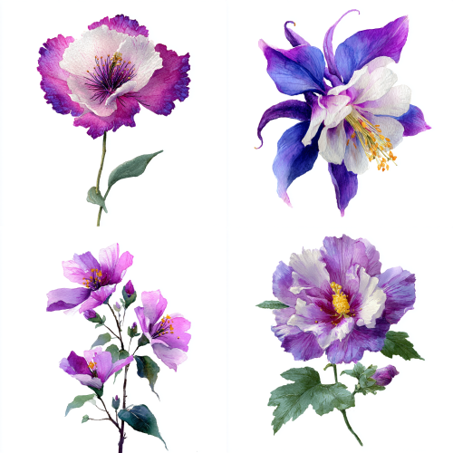扶桑花，水彩手绘，紫色，白底