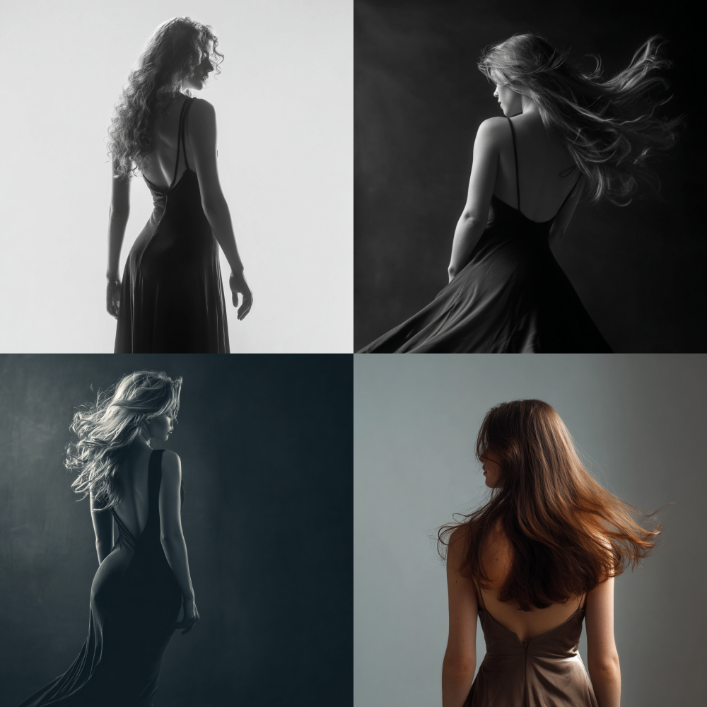 A photo of the model standing from the back, with flowing hair and a graceful figure, in a vertical composition 