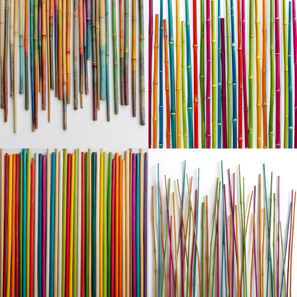 One hundred colorful fine bamboo sticks with a white background