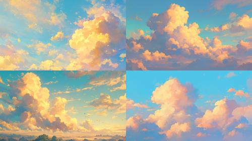 Studio Ghibli aesthetic, huge fluffy clouds, soft blue sky, warm sunset glow, peaceful flying landscape, healing and calm, gentle light, pastel colors, cinematic, high detail  --ar 16:9  --niji 6