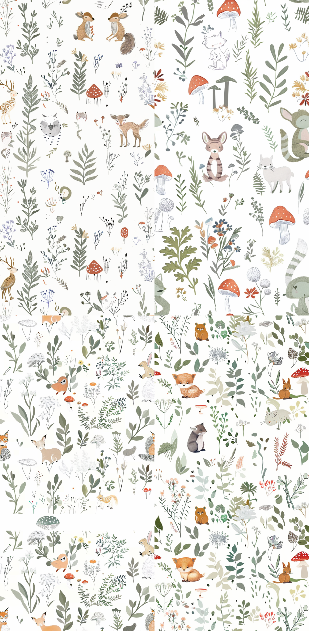 < https://oc.superx.chat/img/1760517698920.png > a seamless pattern with whimsical forest animals, illustrated in soft pastel tones and delicate line work. the design incorporates light gray and green, using clean lines to depict the playful scene of woodland creatures amidst plants and mushrooms on a white background. --ar 63:128 --tile --v 6