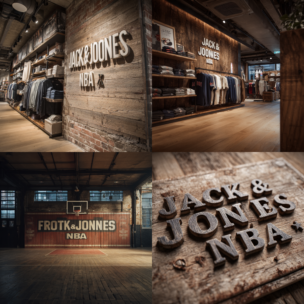 Need to take a frontal shot Front shot Front, a whole row A retro wooden board with three-dimensional text on it, the content of the text “Jack&Jones x NBA”
