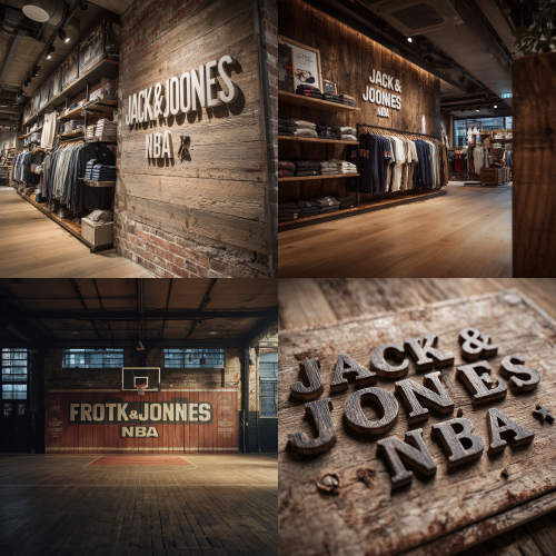 Need to take a frontal shot Front shot Front, a whole row A retro wooden board with three-dimensional text on it, the content of the text “Jack&Jones x NBA”