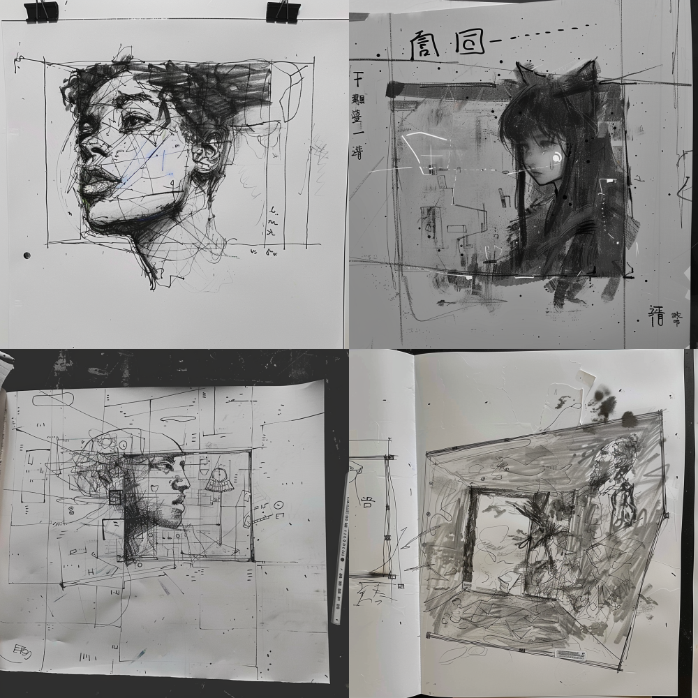 Help me generate a long table where the artist is drawing a draft and assist her in building the marketing plan. Sketches in black and white < https://oc.superx.chat/img/1776747719107.jpeg > < https://oc.superx.chat/img/1776747526962.jpg > < https://oc.superx.chat/img/1776747603162.jpg > ai --v 6