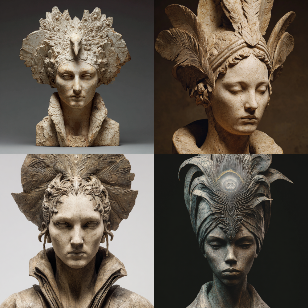 A frontal sculpture of a domineering woman, looking down slightly, with a peacock feather headpiece 