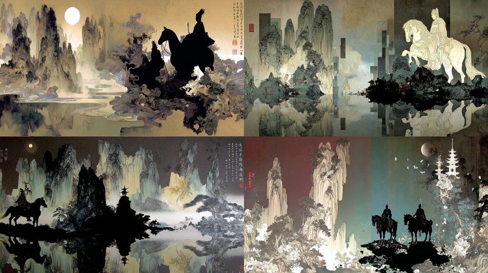 3D digital ink wash masterpiece, vertical composition, divided by abstract geometric frameworks and color blocks, on the left side mountains of stark, chiseled rock formations, two weathered stone equestrian statues below the center, creating a visual diagonal balance, in the upper right corner is a field of silent ruins and broken, faded banners, Zen studies, landscape painting, figurative and abstract combined, traditional and modern art mixed, expressionism and digital art merging, gradient colors, various dark abstract color blocks, lines and geometric structure in negative space background, oil painting texture, 3D digital rendering, partial highlights, strong light and shadow contrast, emphasis on the foreground, contrast of cool and warm tones, low saturation, top light source, high detail, ultra-clear focus, 8K, photo quality, surrealism. --c 10  --sref 168844895  --p ypac8t3  --ar 16:9