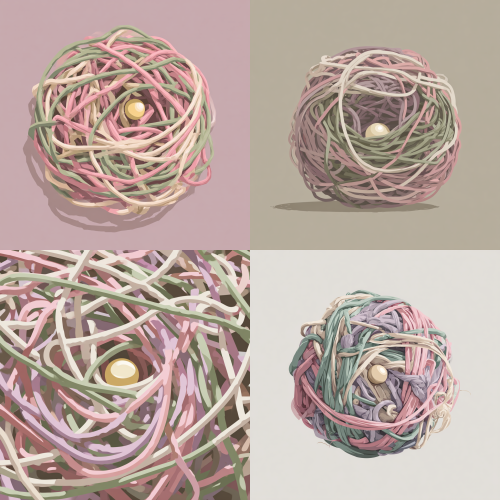 A minimalist vector illustration of a chaotic tangled ball of multi-colored yarn. Palette consists of low-saturation Morandi colors: muted sage green, dusty rose, pale lavender, and sandy beige, conveying a 'faint' mood. The yarn threads form complex, confused knots and tense, anxious snarls. Peeking through a small opening in the very center is a perfectly smooth, faintly glowing golden pearl charm, representing longing and a heartfelt choice. Flat design, clean lines, desaturated background