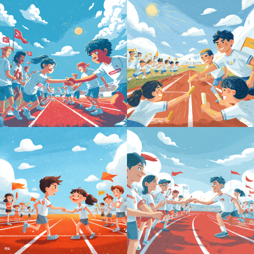 帮我生成图片：图片风格为 「平面插画」，帮我生成一幅漫画插画，场景：大学标准田径运动场，红色塑胶跑道，远处看台上有老师和同学在鼓掌、挥动小旗。天气晴朗，蓝天白云，阳光从左上角斜照，营造温暖明亮的氛围。核心动作：画面中央偏右的位置，一位身穿白色运动服、胸前印有校徽的学生（代表“传递者”）正将手中的发光接力棒递向另一位学生（代表“接棒者”）。接力棒整体呈半透明水晶质感，内部有一个清晰的“廉”字，并散发出柔和的淡金色光芒。接棒者身体微微前倾，右手伸出，眼神坚定且带着微笑，准备握住接力棒。周围人物：跑道上还有其他几位学生选手，他们手中拿着不同的接力棒，上面分别写着“诚”“信”“正”“洁”等字样，各自在奔跑或准备交接。这些接力棒虽然没有“廉”字棒那么耀眼，但也微微发光，形成呼应。细节元素：跑道地面上画着白色的分道线，线条干净利落。背景看台上有一面横幅，写着 “清风润校·廉洁育人”（与海报主题一致）。远处操场的草坪上，有一棵小树苗正在阳光下生长，暗示廉洁文化的根基与未来。所有学生的表情都是积极、专注、充满活力的，没有负面或讽刺元素。色彩与光影：主色调：红（跑道）、绿（草坪）、白（运动服）、金（接力棒光芒）。光影：阳光从左上45度角照射，人物轮廓有淡淡的高光，接力棒的光芒在人物脸上产生暖色的反光。整体风格：半写实插画，略带青春动漫感，画面通透、明亮、积极向上。构图：采用广角透视，低角度仰拍，突出接力棒的光芒和交接瞬间的动感。焦点集中在两只手和接力棒上，背景略微虚化但能看清横幅和看台