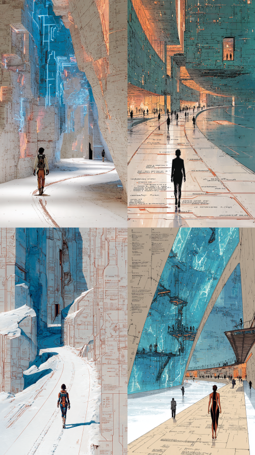 female archivist walking through massive glacier archive, memory crystals embedded in ice walls, soft luminescence, minimal futuristic gear, wind and snow textures, profound silence, timeless solitude  --chaos 10  --ar 9:16  --sref 257047628  --stylize 500  --v 7