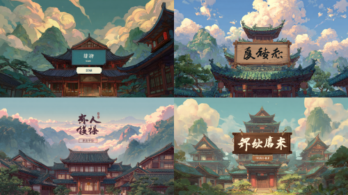 the main titile闽韵寻真：非遗破幻录The subtitle is 禁毒科普互动解谜小程序UI design for a mobile mini-game landscape mode, main menu screen. The background is a highly detailed, beautifully illustrated Chinese painting of a Fujian Hakka Tulou and Minnan architecture with swallowtail roofs, surrounded by green mountains and auspicious clouds. In the center, an elegant wooden signboard with the title, a glowing "Start Game" button below it. Clean UI, vibrant colors, traditional Chinese art style mixed with modern game design, 8k resolution, high quality. i need the style of painting should not change drastically but be more advanced --ar 16:9