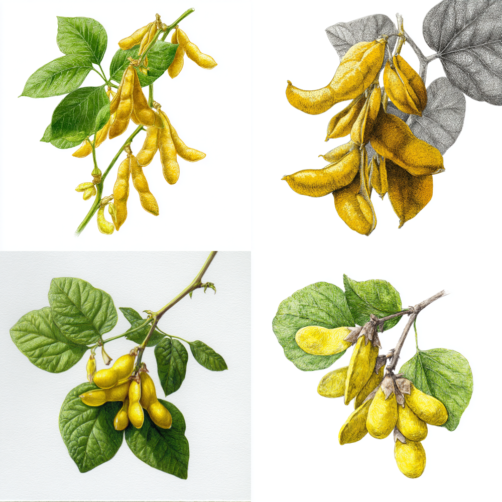 yellow ink drawing soybean, yellow soybean agricultural, bean drop, bean out, clip bean, big green leaf, hyper detailed, soybean botanical illustration, center position, clear space, super realistic drawing, white background.