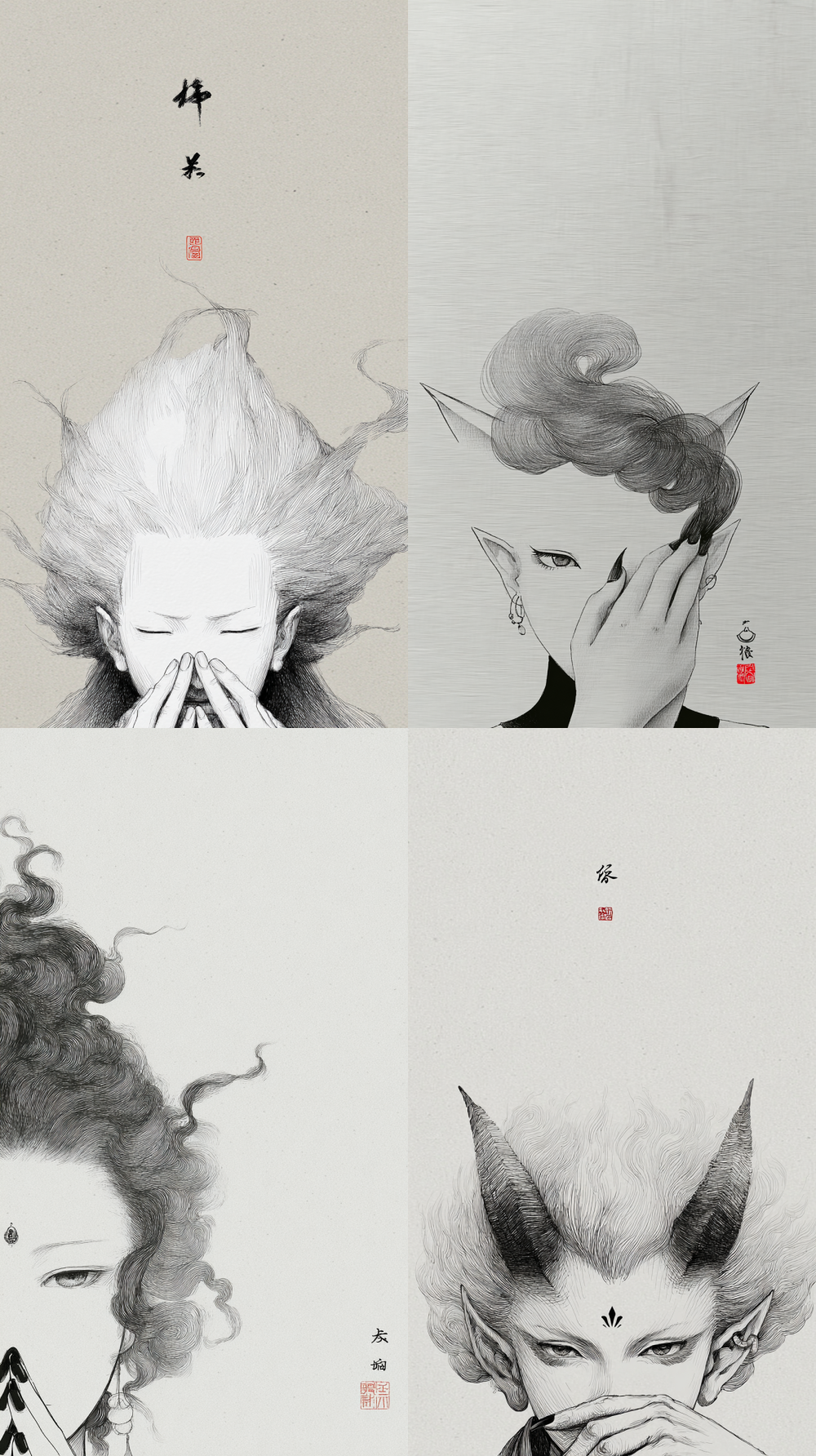 Contemporary Chinese ink wash art,A mysterious female demon or deity with voluminous, swirling blue smoke hair,A hand with long fingers and sharp nails is pressed against the lower half of the face, striking a mysterious or contemplative pose.Extreme close-up portrait, flat perspective, front-facing eye-level view,five-tone ink gradation, rice paper texture, red seal accent, poetic negative space, Zen mood,   --sref 2229580075   --v 7 --sv 4    --sw 300   --c 50  --ar 9:16