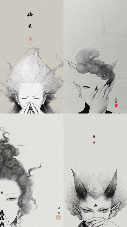 Contemporary Chinese ink wash art,A mysterious female demon or deity with voluminous, swirling blue smoke hair,A hand with long fingers and sharp nails is pressed against the lower half of the face, striking a mysterious or contemplative pose.Extreme close-up portrait, flat perspective, front-facing eye-level view,five-tone ink gradation, rice paper texture, red seal accent, poetic negative space, Zen mood,   --sref 2229580075   --v 7 --sv 4    --sw 300   --c 50  --ar 9:16