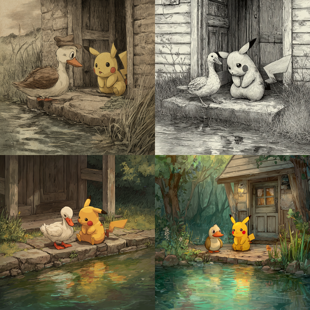 Draw a picture of a reachable duck comforting Pikachu crying by the river at his doorstep 