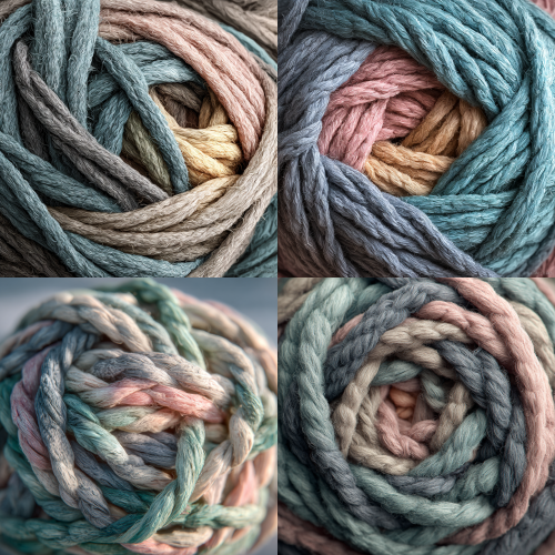 A close-up digital painting of a messy, tightly knotted ball of wool yarn. The texture of the raw wool is palpable. Color palette: desaturated pastels (ash grey, pale teal, muted peach, dusty blue), creating a soft, 'faint' atmosphere. The knots appear chaotic and stressful, symbolizing anxiety and confusion. Nestled deep within the core, tightly wrapped but visible through a gap, is a tiny, warm-toned glowing seed charm (like a stylized heart or compass), smooth against the rough yarn, representing heartfelt longing. Shallow depth of field, soft diffused natural lighting