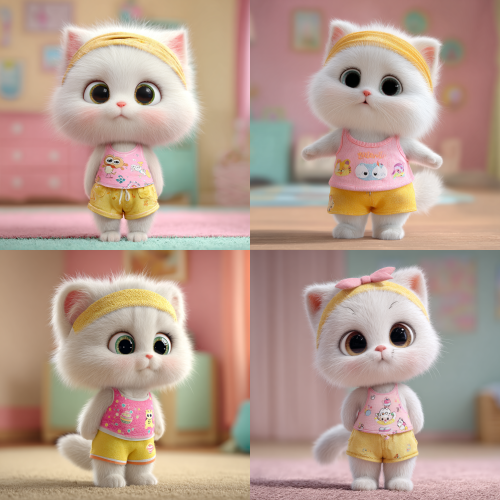 cute fluffy white kitten, standing like a human, big round eyes, wearing pink tank top with cartoon prints, yellow shorts, headband, short bob haircut, full body, soft lighting, 3D cartoon style, ultra detailed, Pixar style, pastel room background