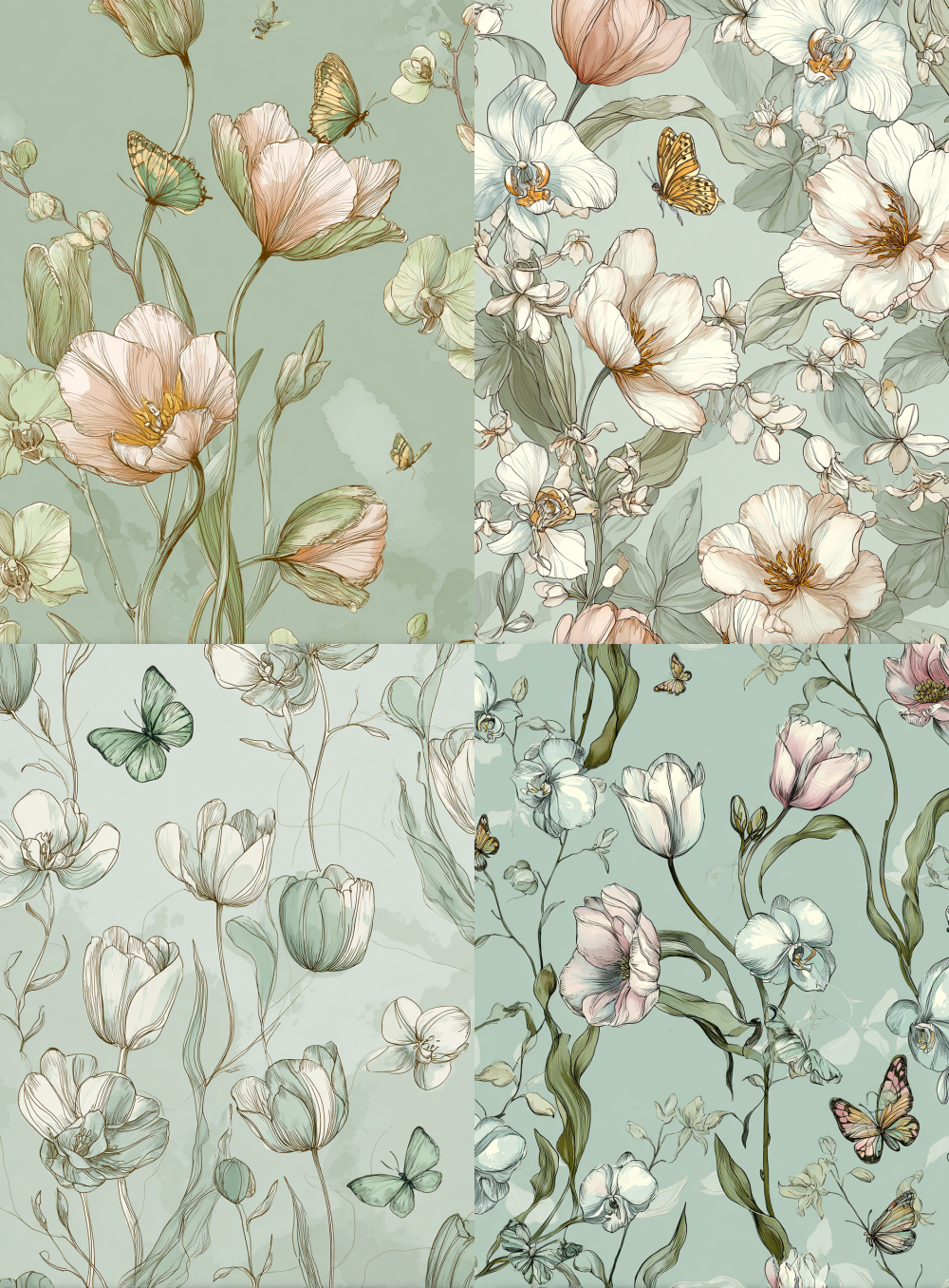 A soft pale green background is adorned with hand-drawn tulips, orchids, and butterflies. The design is meticulously crafted, seamlessly blending digital art with line-drawing techniques through soft tones and a flat illustration style. The overall minimalist floral pattern features delicate, flowing lines that evoke a vintage charm, while the watercolor-like effect adds an extra touch of elegance. --ar 47:64