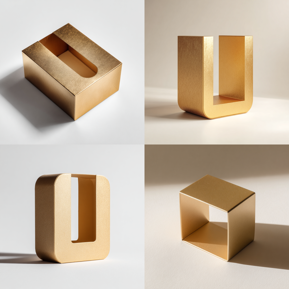 A sturdy U-shaped gift box made of matte gold cardstock paper. Clean sharp edges, standing on a white surface. Soft shadow, minimalist style, studio photography, hyper-realistic.