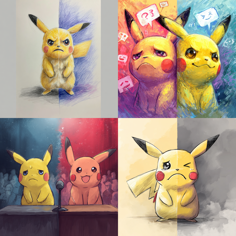 Draw a Pikachu with sadness on the left and happiness on the right, with a debate game in the background
