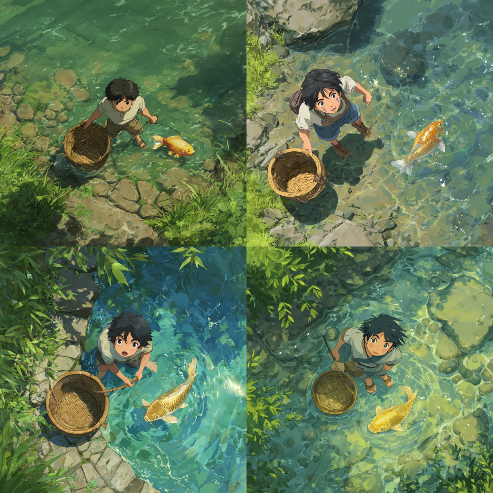 Miyazaki Hayao Ghibli style, a middle-aged black haired boy wearing a short sleeved shirt and shorts is fishing by the river. The camera view is from above, with the boy's back facing the camera. He looks up at the camera in surprise, and a golden carp is in a bamboo basket beside him T