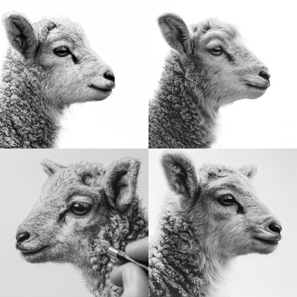 ink drawing, mountain Little lamb drawing, side view, white background, portraits, hyper detailed, realistic.
