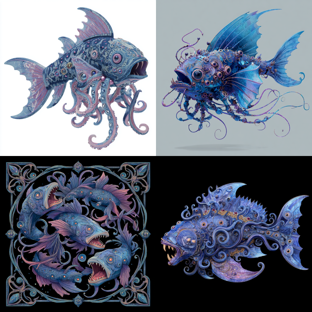 A fantastical fish embellished with 11 gracefully flowing tentacles, 9 captivating eyes, and 4 pairs of exquisitely detailed pincers. It showcases 5 magnificent shark tails and 3 wide, gaping mouths, all depicted in a stunning 3D gem-like style with a cool, ethereal color palette, infused with a touch of the macabre.