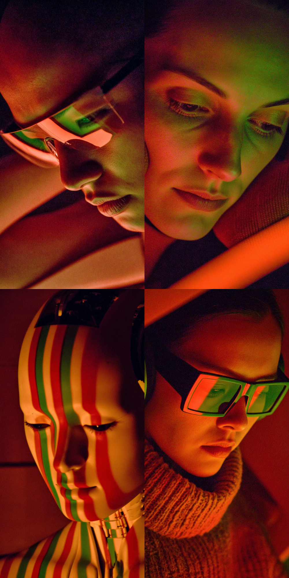 cinematic portrait of a female android in deep concentration, processing data, her optical sensors are pools of focused thought, dramatic red and green neon light reflects on her chrome face, surreal atmosphere, style of Alastair Magnaldo and Zhang Jingna, --s 100 --sref 3558063635 --c 10 --ar 1:2