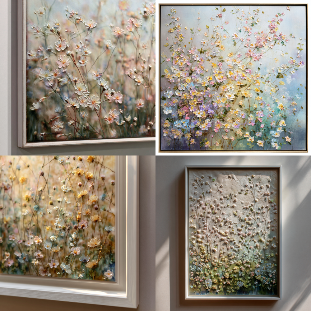 A beautifully framed decorative artwork featuring intricate embossing, capturing the delicate essence of a springtime garden filled with blooming small flowers, soft pastel colors, gentle natural light, elegant and harmonious composition, evoking a serene and fresh atmosphere.