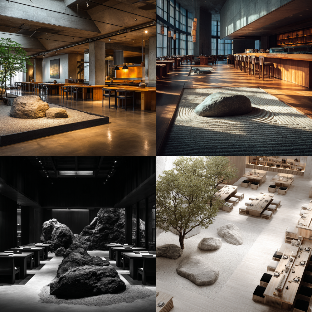 Create a stunning image of a serene and minimalist interior of a restaurant, captured with professional photography quality. The space should feature a central Japanese rock garden, evoking a sense of tranquility. Arrange the tables and chairs in an orderly fashion, and include a traditional Japanese counter bar, all embodying the essence of a peaceful and contemplative atmosphere.