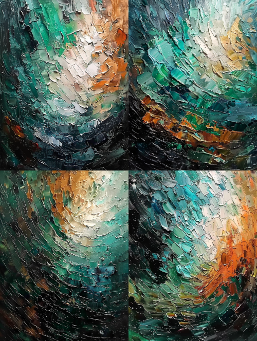 < https://oc.superx360.com/img/1784174381643.png > This handmade abstract painting is created using a thick impasto technique that features a heavy texture. The dense and clearly visible palette knife strokes generate a dynamic composition with a swirling rhythm. The colors transition from a deep black and dark teal in the lower left corner to a vibrant emerald green, sage green, and light mint green at the center. In the upper right corner, warm copper, rusty orange, and ochre tones contrast with each other, blending into a bright creamy white and white highlights near the upper center of the canvas. The heavy layers of paint cleverly capture light, giving the artwork a strong three-dimensional quality and a richly tactile surface effect. --ar 3:4 --iw 2 < https://oc.superx360.com/img/1784174381643.png > This handmade abstract painting is created using a thick impasto technique that features a heavy texture. The dense and clearly visible palette knife strokes generate a dynamic composition with a swirling rhythm. The colors transition from a deep black and dark teal in the lower left corner to a vibrant emerald green, sage green, and light mint green at the center. In the upper right corner, warm copper, rusty orange, and ochre tones contrast with each other, blending into a bright creamy white and white highlights near the upper center of the canvas. The heavy layers of paint cleverly capture light, giving the artwork a strong three-dimensional quality and a richly tactile surface effect. --ar 3:4 --iw 2