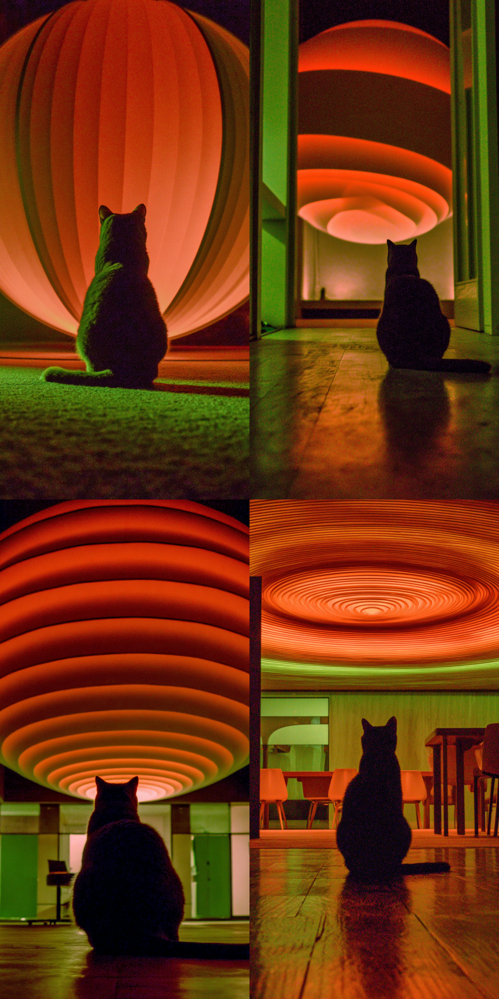 A sleek, black cat sits perfectly still, its back to the viewer, mesmerized. Its entire focus is on a floating, hypnotic orb of pulsating red and orange light in a dark room. The cat's silhouette is outlined in green ambient light, feline concentration, style of Masaaki Yuasa --sref 3558063635 --c 10 --style raw --v 7.0 --ar 1:2